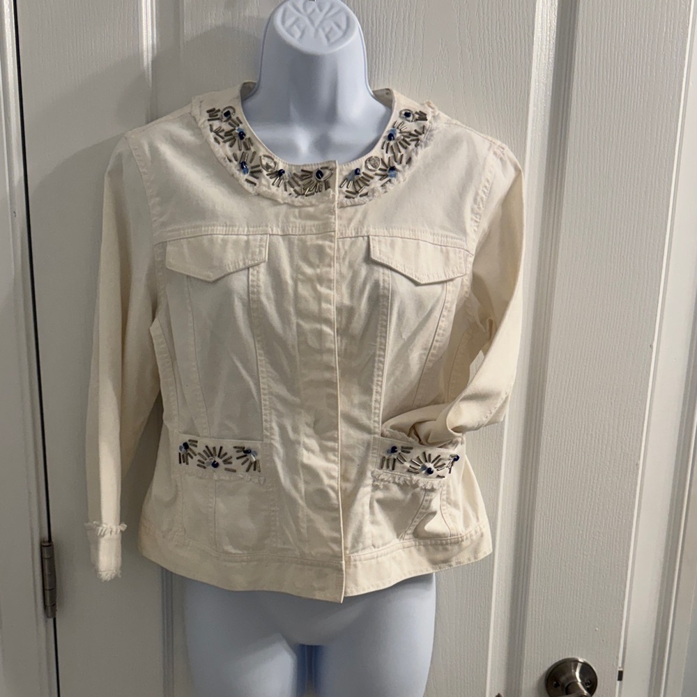 Elegant Embroidered Cream Jean Jacket